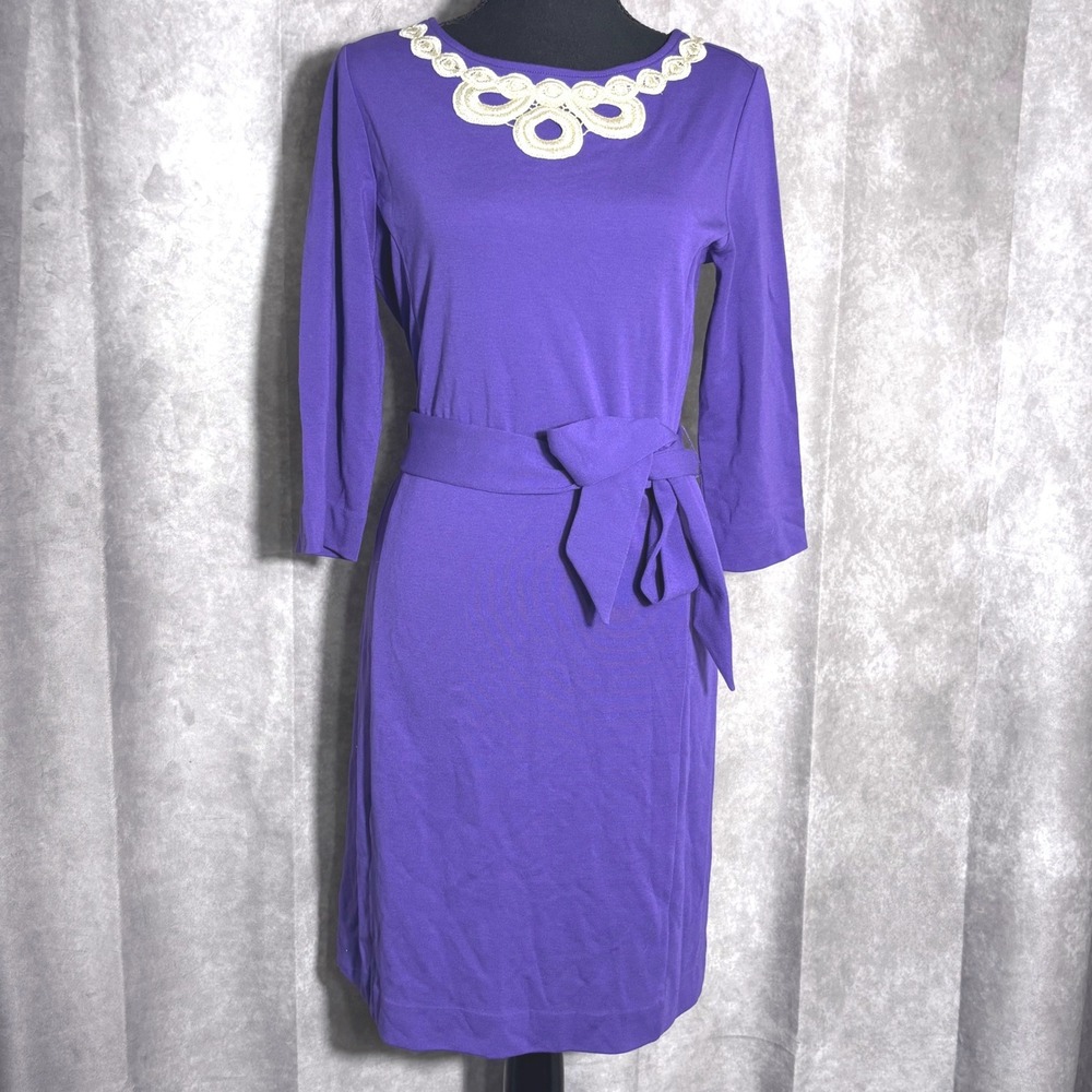 Lilly Pulitzer Purple Dress Womens Medium White Lace Embroidery Belt 3/4 Sleeve